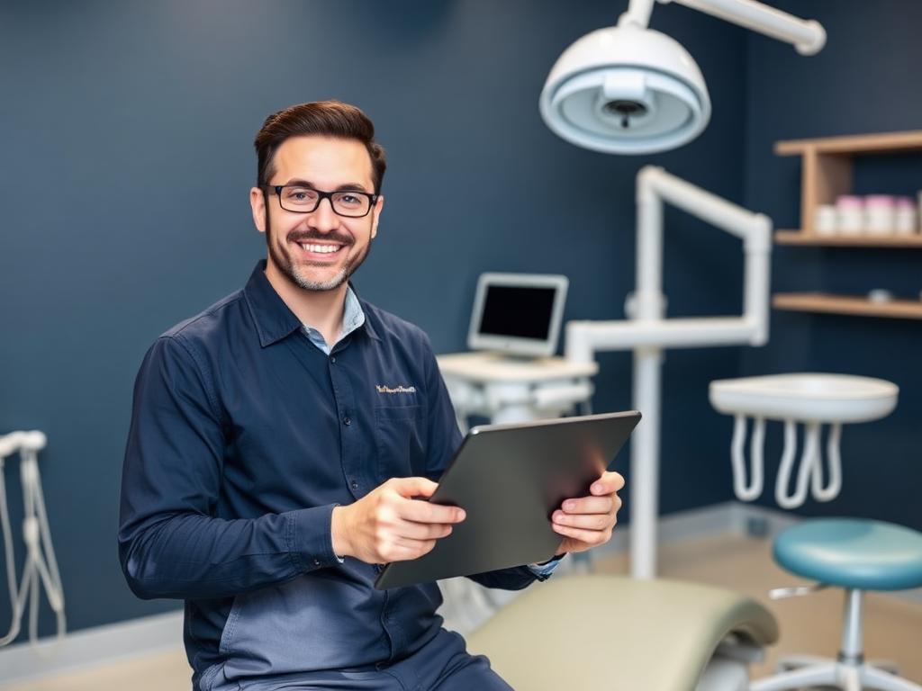 Director de una clínica dental revisando resultados en una tablet